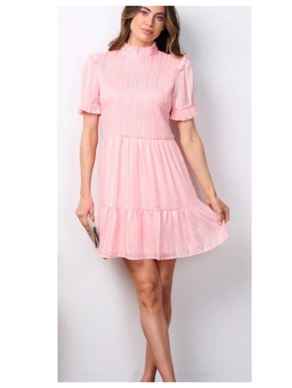 NWT INA Anthropologie Peach/Pink Ruffle Neck Smocked Swiss Shimmer Dress Sz. L